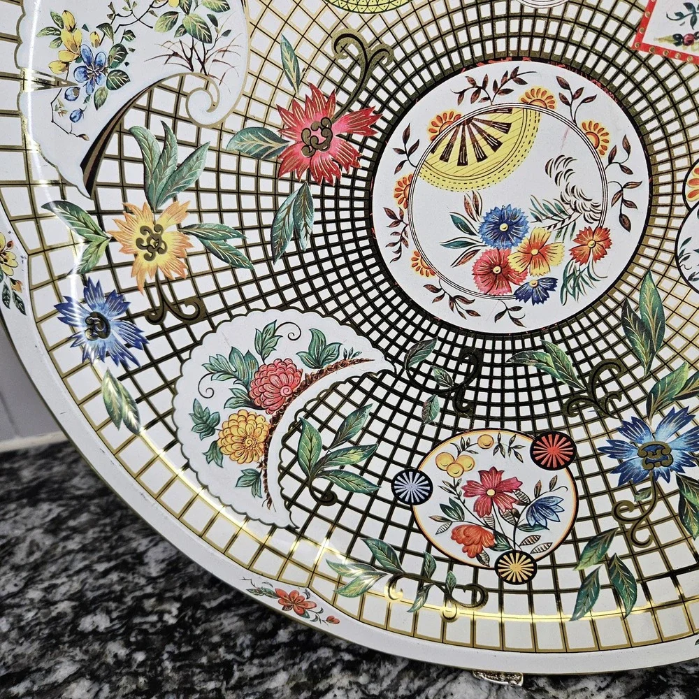 Vintage Daher Round Tray‎ Lattice Floral Made in England